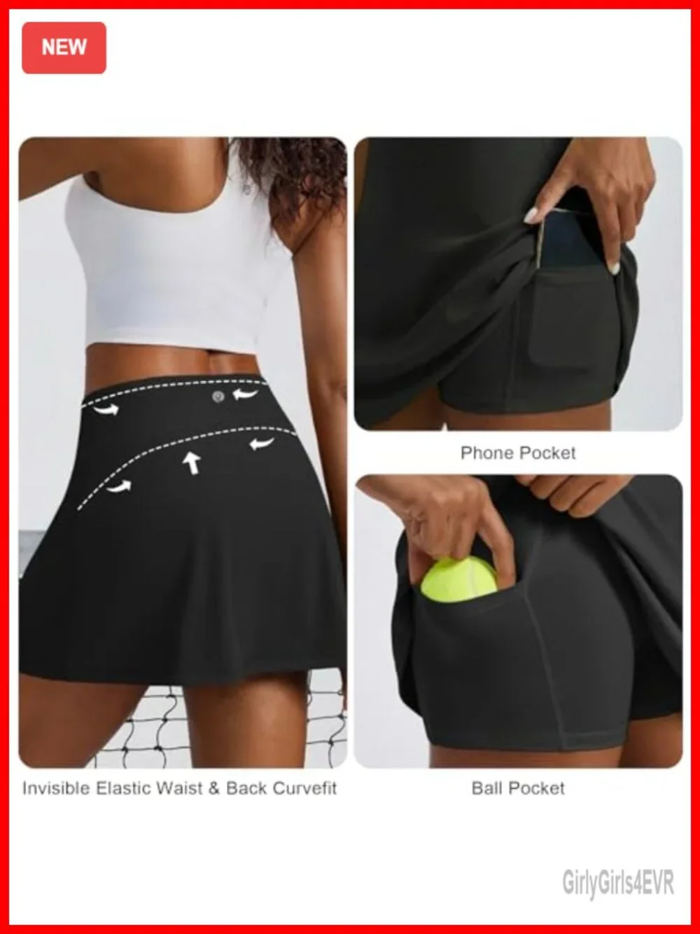 Tennis Skort with Built-in Shorts & Pockets High Rise A-Line Stretchy Workout